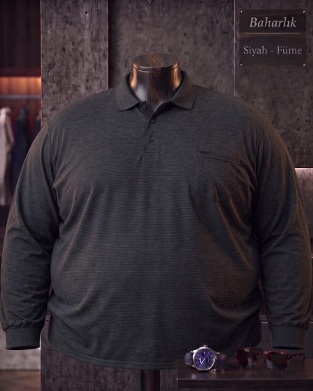Baharlık Düz Cepli Polo Yaka Uzun Kollu Tişört (Süper Battal) — Siyah, Füme