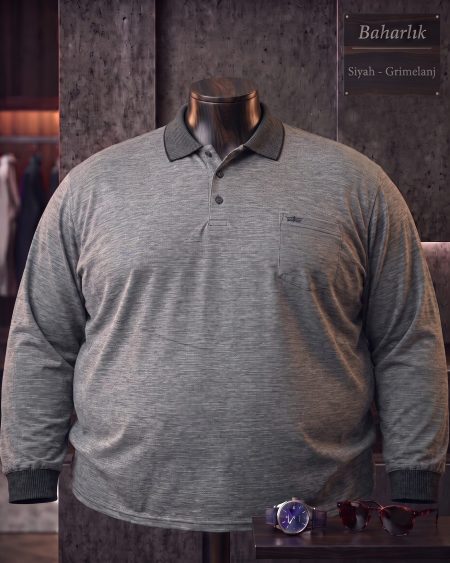 Baharlık Düz Cepli Polo Yaka Uzun Kollu Tişört (Süper Battal) — Siyah, Gri Melanj