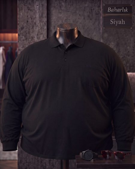 Baharlık Düz Cepli Polo Yaka Uzun Kollu Tişört (Süper Battal) — Siyah
