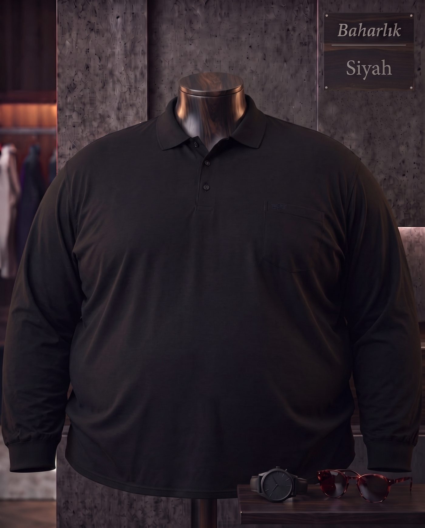Baharlık Düz Cepli Polo Yaka Uzun Kollu Tişört (Süper Battal) — Siyah