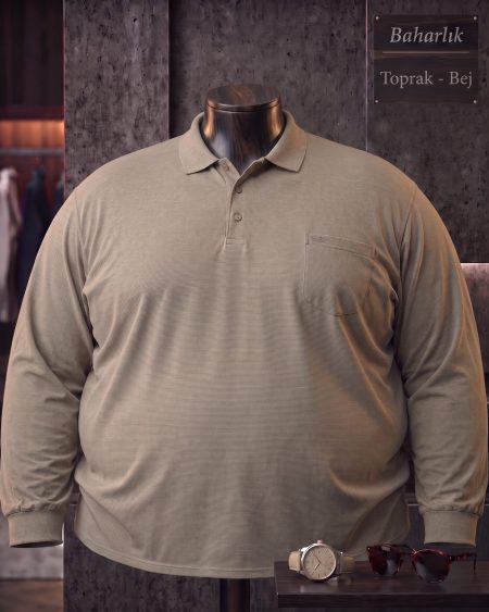 Baharlık Düz Cepli Polo Yaka Uzun Kollu Tişört (Süper Battal) — Toprak, Bej