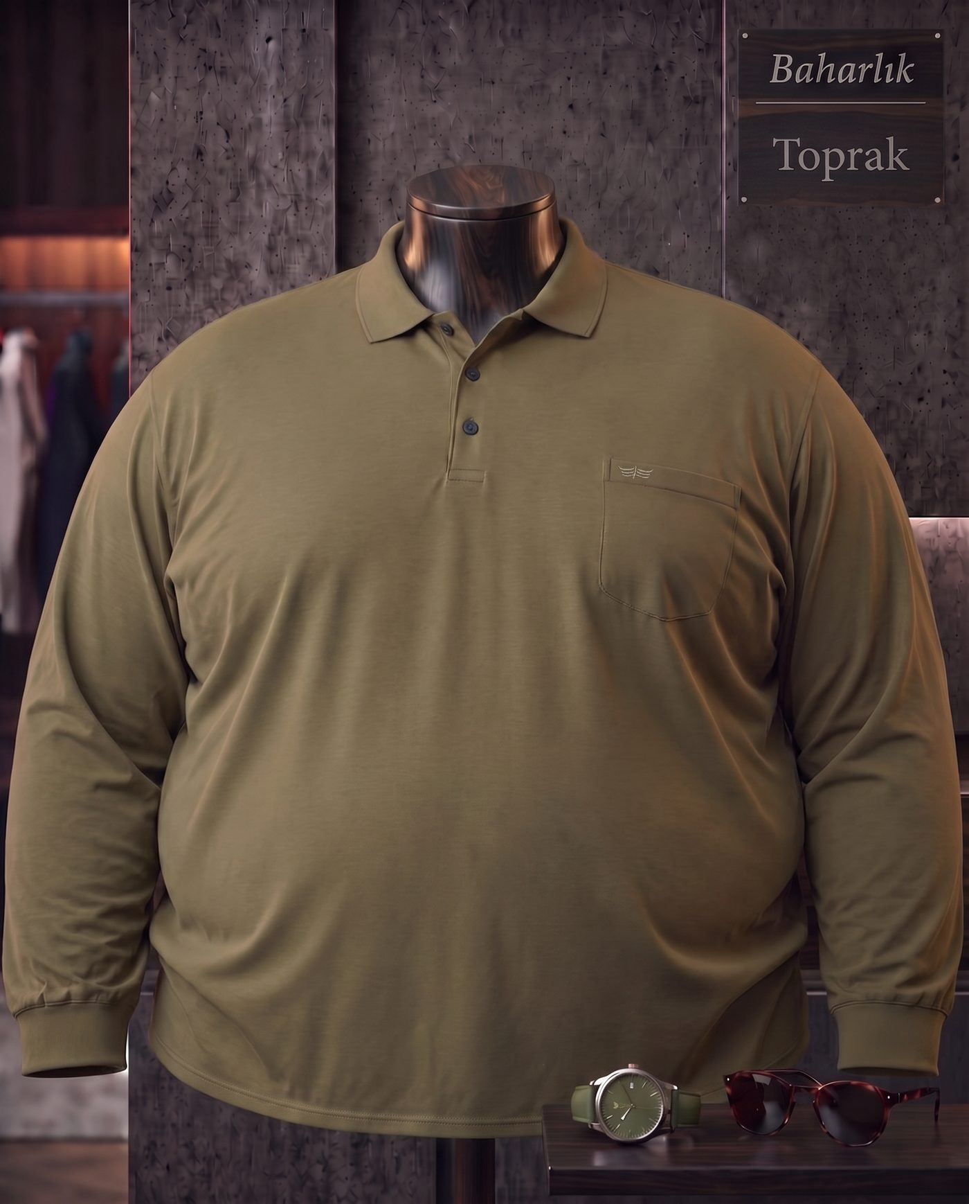 Baharlık Düz Cepli Polo Yaka Uzun Kollu Tişört (Süper Battal) — Toprak