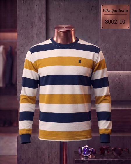 Brushed Piqué Striped Long Sleeve Crew Neck T-Shirt — 8002-10