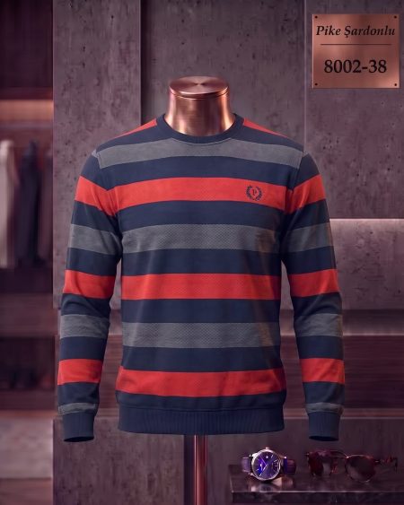 Brushed Piqué Striped Long Sleeve Crew Neck T-Shirt — 8002-38