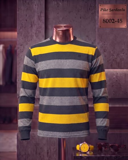 Brushed Piqué Striped Long Sleeve Crew Neck T-Shirt — 8002-45