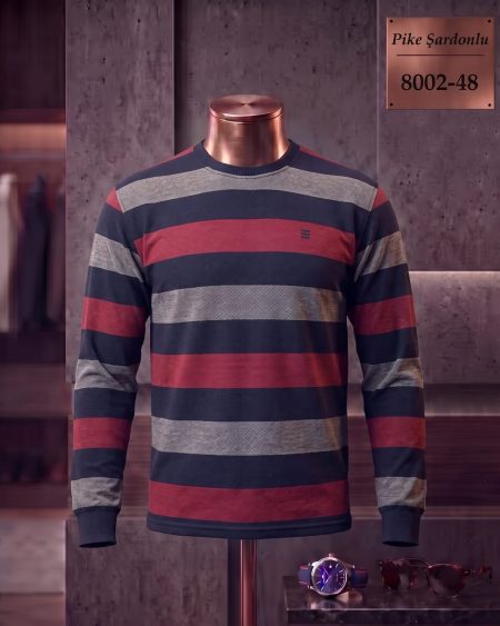 Brushed Piqué Striped Long Sleeve Crew Neck T-Shirt — 8002-48