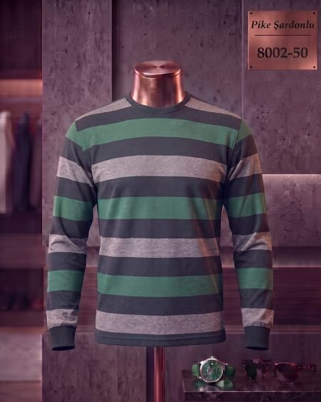 Brushed Piqué Striped Long Sleeve Crew Neck T-Shirt — 8002-50