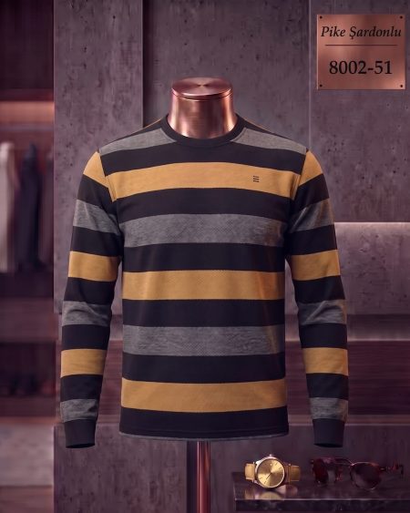 Brushed Piqué Striped Long Sleeve Crew Neck T-Shirt — 8002-51