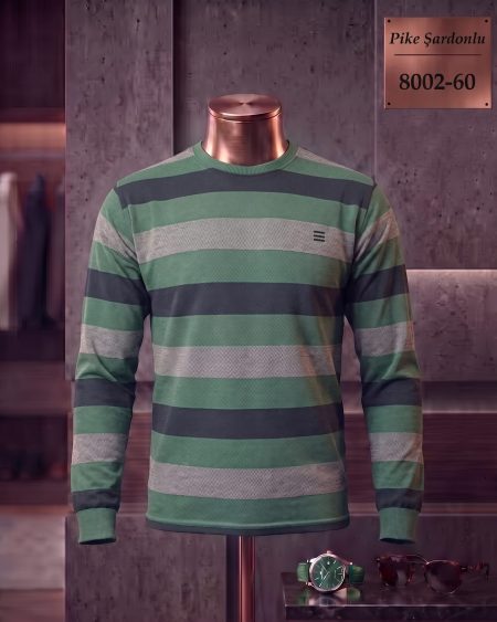 Brushed Piqué Striped Long Sleeve Crew Neck T-Shirt — 8002-60