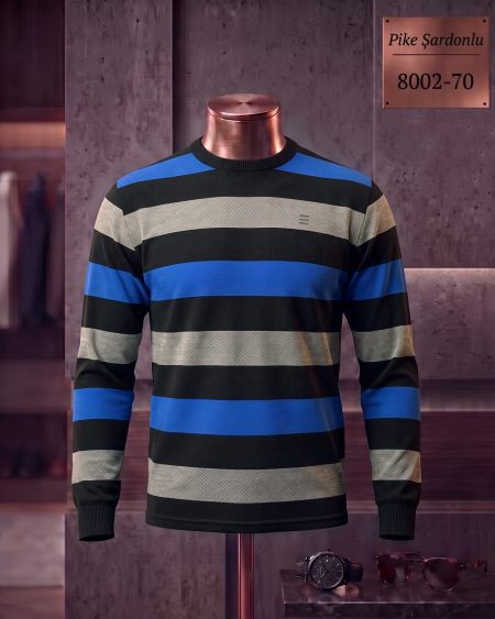 Brushed Piqué Striped Long Sleeve Crew Neck T-Shirt — 8002-70