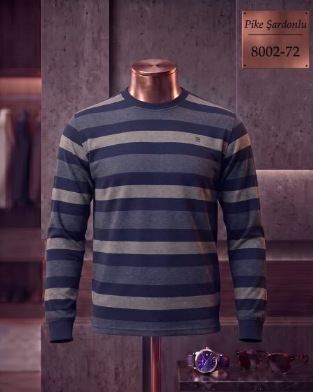 Brushed Piqué Striped Long Sleeve Crew Neck T-Shirt — 8002-72