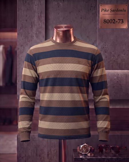 Brushed Piqué Striped Long Sleeve Crew Neck T-Shirt — 8002-73