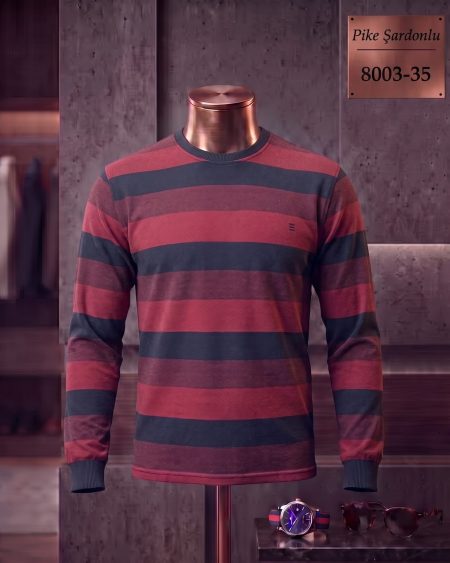 Brushed Piqué Striped Long Sleeve Crew Neck T-Shirt — 8003-35