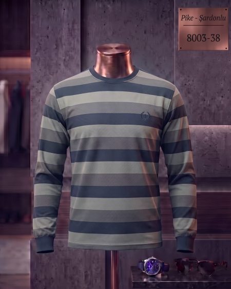 Brushed Piqué Striped Long Sleeve Crew Neck T-Shirt — 8003-38