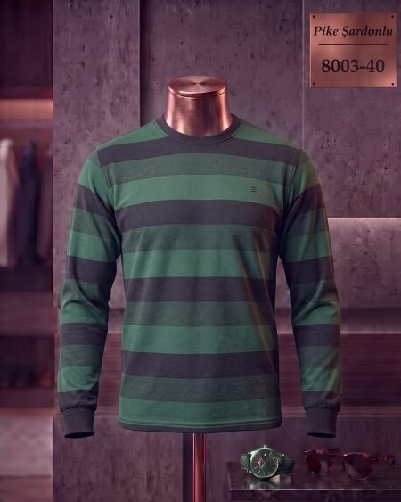 Brushed Piqué Striped Long Sleeve Crew Neck T-Shirt — 8003-40
