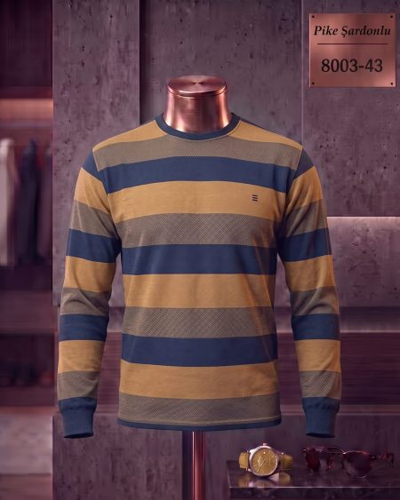 Brushed Piqué Striped Long Sleeve Crew Neck T-Shirt — 8003-43