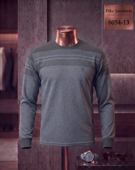 Brushed Piqué Striped Long Sleeve Crew Neck T-Shirt — 8054-13