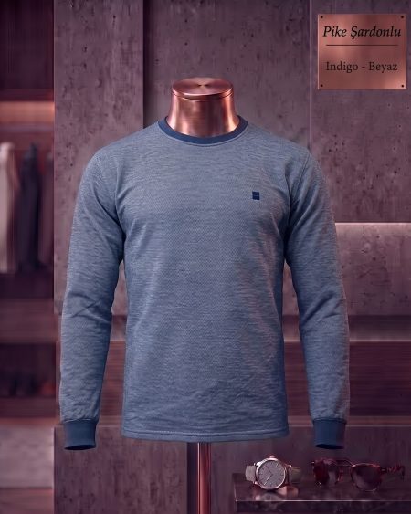 Pike Şardonlu Düz Bisiklet Yaka Uzun Kollu Tişört — İndigo, Beyaz