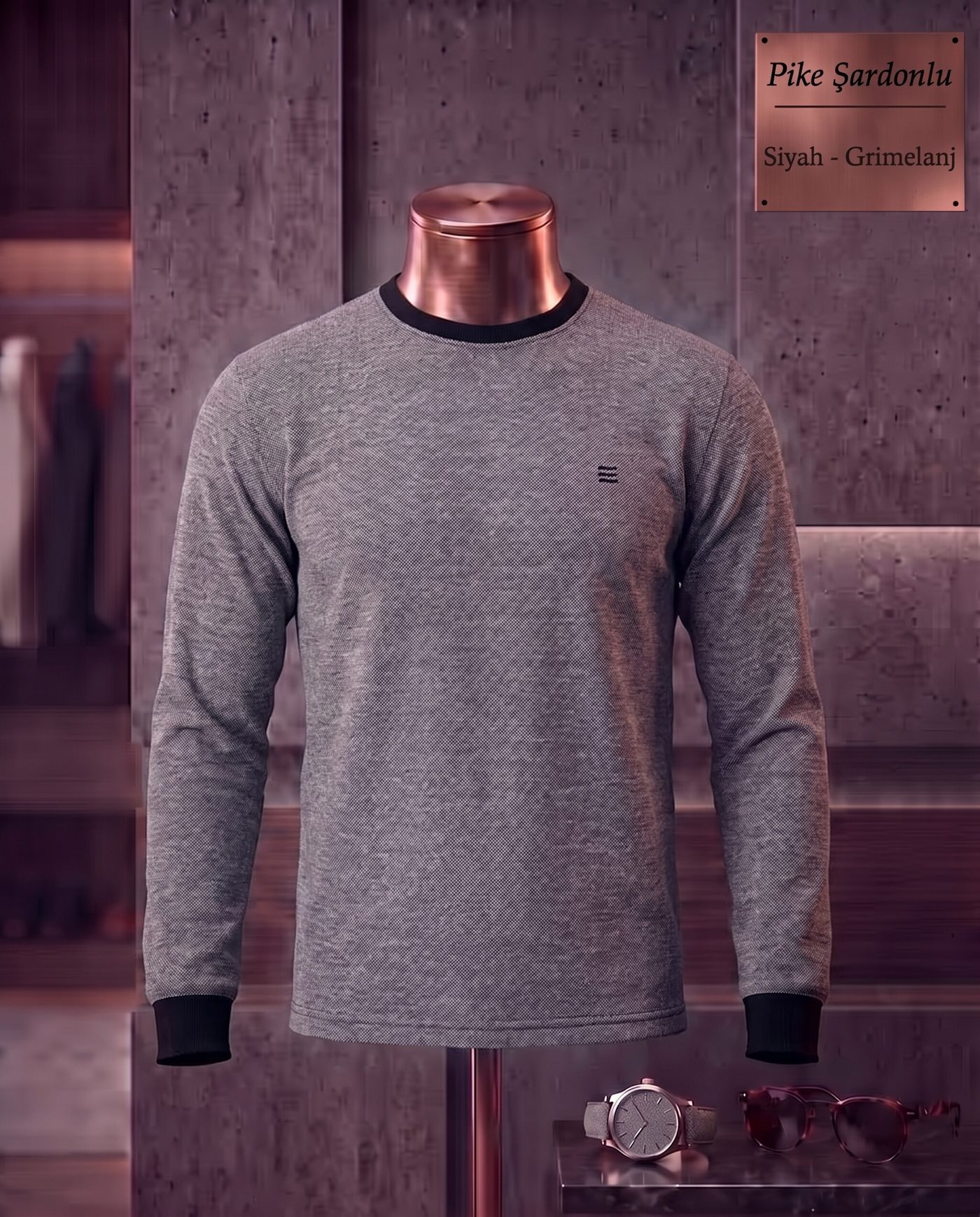 Brushed Piqué Plain Long Sleeve Crew Neck T-Shirt — Black, Grey Melange