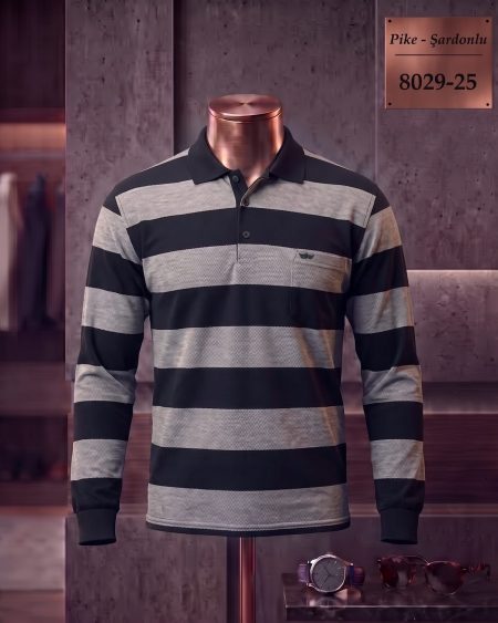 Pike Şardonlu Ringel Cepli Polo Yaka Uzun Kollu Tişört (Ara Seri) — 8029-25