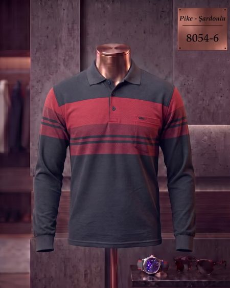 Pike Şardonlu Ringel Cepli Polo Yaka Uzun Kollu Tişört (Ara Seri) — 8054-6
