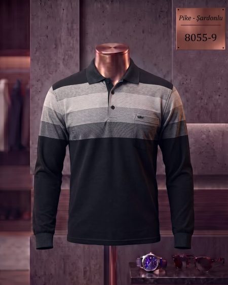 Pike Şardonlu Ringel Cepli Polo Yaka Uzun Kollu Tişört (Ara Seri) — 8055-9