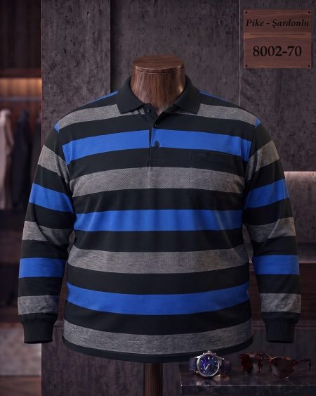 Brushed Piqué Striped Long Sleeve Polo Shirt with Pocket (Plus Size) — 8002-70