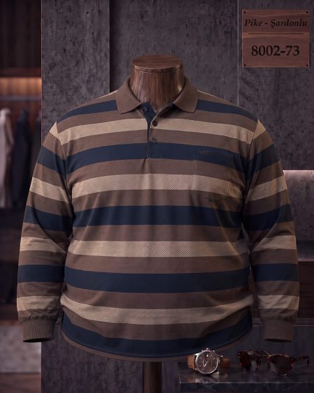 Brushed Piqué Striped Long Sleeve Polo Shirt with Pocket (Plus Size) — 8002-73