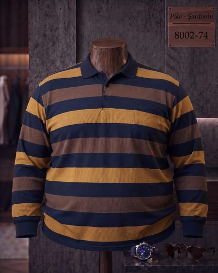 Brushed Piqué Striped Long Sleeve Polo Shirt with Pocket (Plus Size) — 8002-74