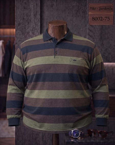 Brushed Piqué Striped Long Sleeve Polo Shirt with Pocket (Plus Size) — 8002-75