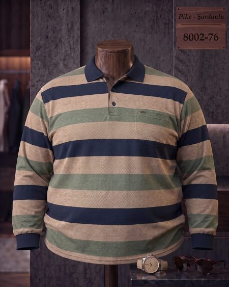 Brushed Piqué Striped Long Sleeve Polo Shirt with Pocket (Plus Size) — 8002-76
