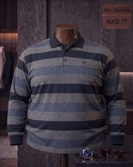 Brushed Piqué Striped Long Sleeve Polo Shirt with Pocket (Plus Size) — 8002-77