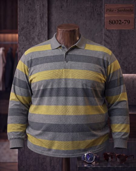 Brushed Piqué Striped Long Sleeve Polo Shirt with Pocket (Plus Size) — 8002-79