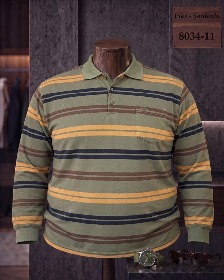 Brushed Piqué Striped Long Sleeve Polo Shirt with Pocket (Plus Size) — 8034-11