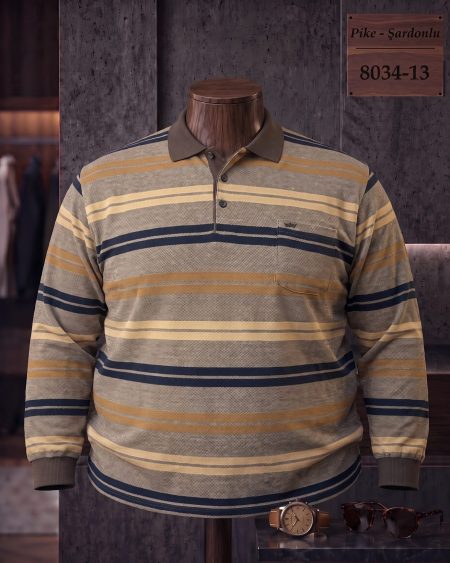 Brushed Piqué Striped Long Sleeve Polo Shirt with Pocket (Plus Size) — 8034-13