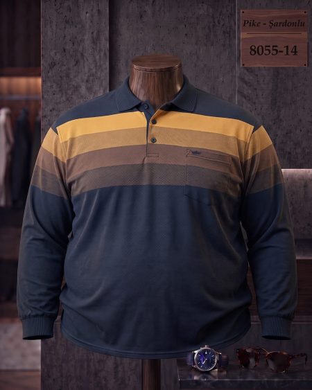 Pike Şardonlu Ringel Cepli Polo Yaka Uzun Kollu Tişört (Battal) — 8055-14