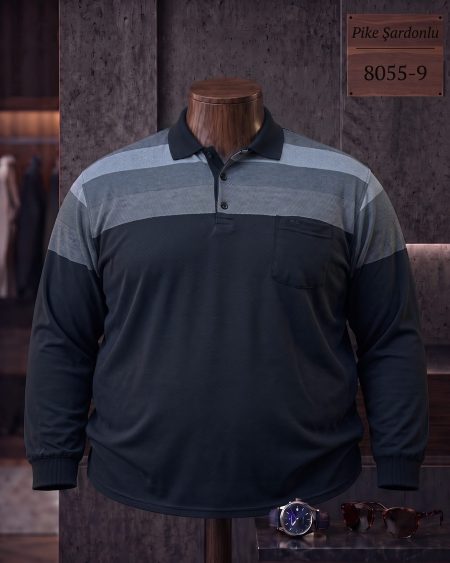 Pike Şardonlu Ringel Cepli Polo Yaka Uzun Kollu Tişört (Battal) — 8055-9