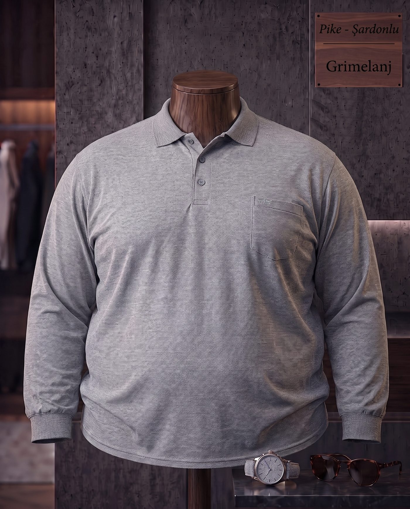 Pike Şardonlu Düz Cepli Polo Yaka Uzun Kollu Tişört (Battal) — Gri Melanj
