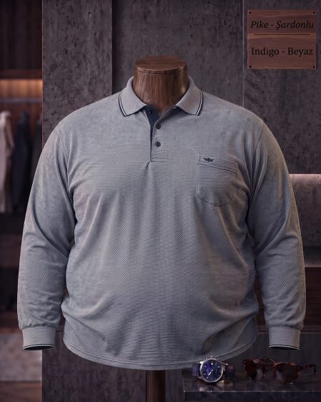 Pike Şardonlu Düz Cepli Polo Yaka Uzun Kollu Tişört (Battal) — İndigo, Beyaz