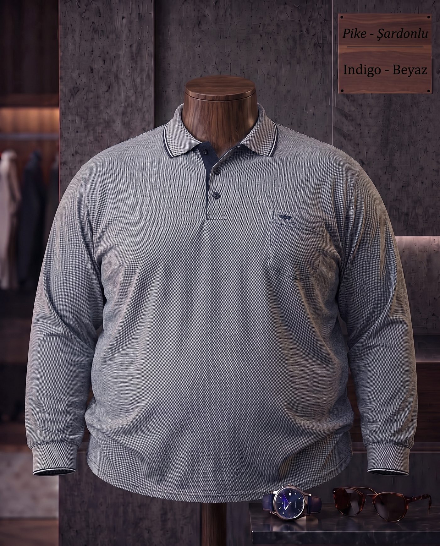Pike Şardonlu Düz Cepli Polo Yaka Uzun Kollu Tişört (Battal) — İndigo, Beyaz