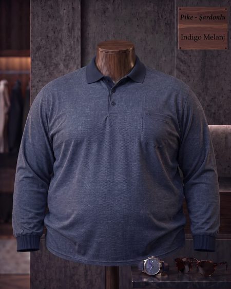 Pike Şardonlu Düz Cepli Polo Yaka Uzun Kollu Tişört (Battal) — İndigo Melanj