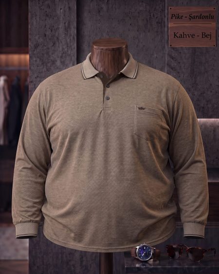 Brushed Piqué Plain Long Sleeve Polo Shirt with Pocket (Plus Size) — Brown, Beige