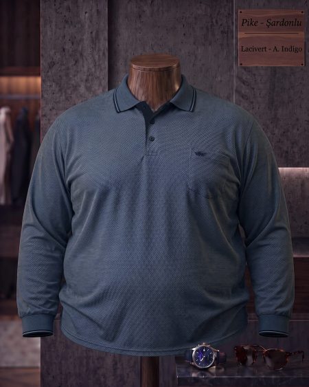 Brushed Piqué Plain Long Sleeve Polo Shirt with Pocket (Plus Size) — Navy, Light Indigo