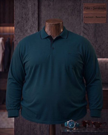Brushed Piqué Plain Long Sleeve Polo Shirt with Pocket (Plus Size) — Navy, Green