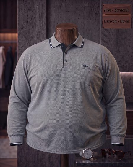 Brushed Piqué Plain Long Sleeve Polo Shirt with Pocket (Plus Size) — Navy, White
