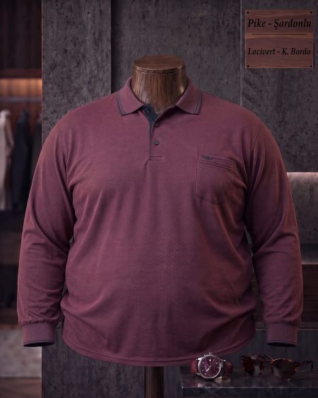 Pike Şardonlu Düz Cepli Polo Yaka Uzun Kollu Tişört (Battal) — Lacivert, Koyu Bordo