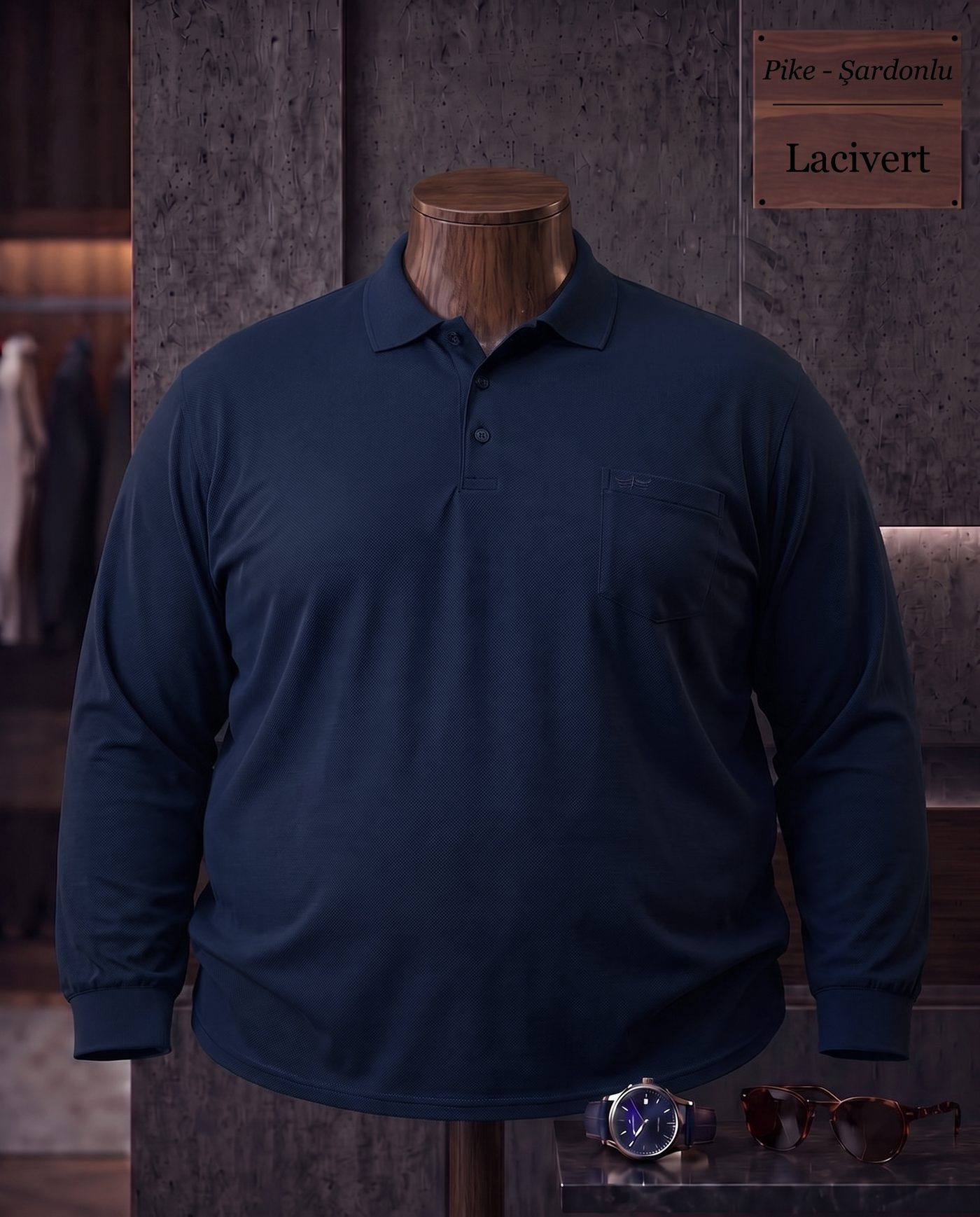 Pike Şardonlu Düz Cepli Polo Yaka Uzun Kollu Tişört (Battal) — Lacivert