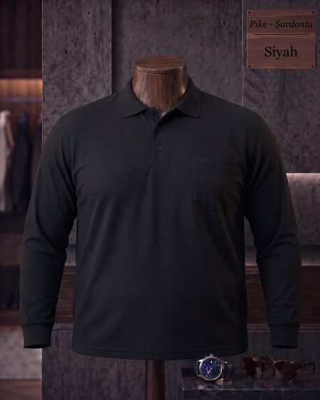 Brushed Piqué Plain Long Sleeve Polo Shirt with Pocket (Plus Size) — Black