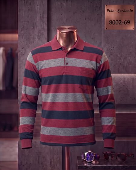 Pike Şardonlu Ringel Cepli Polo Yaka Uzun Kollu Tişört — 8002-69