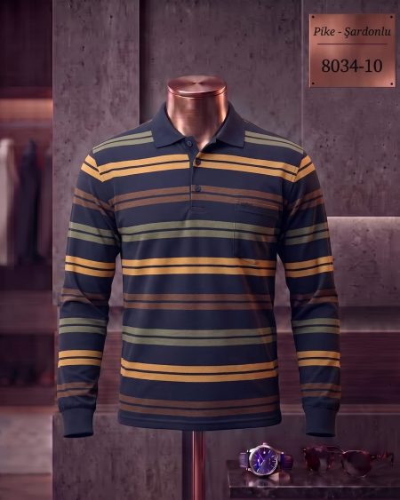 Pike Şardonlu Ringel Cepli Polo Yaka Uzun Kollu Tişört — 8034-10